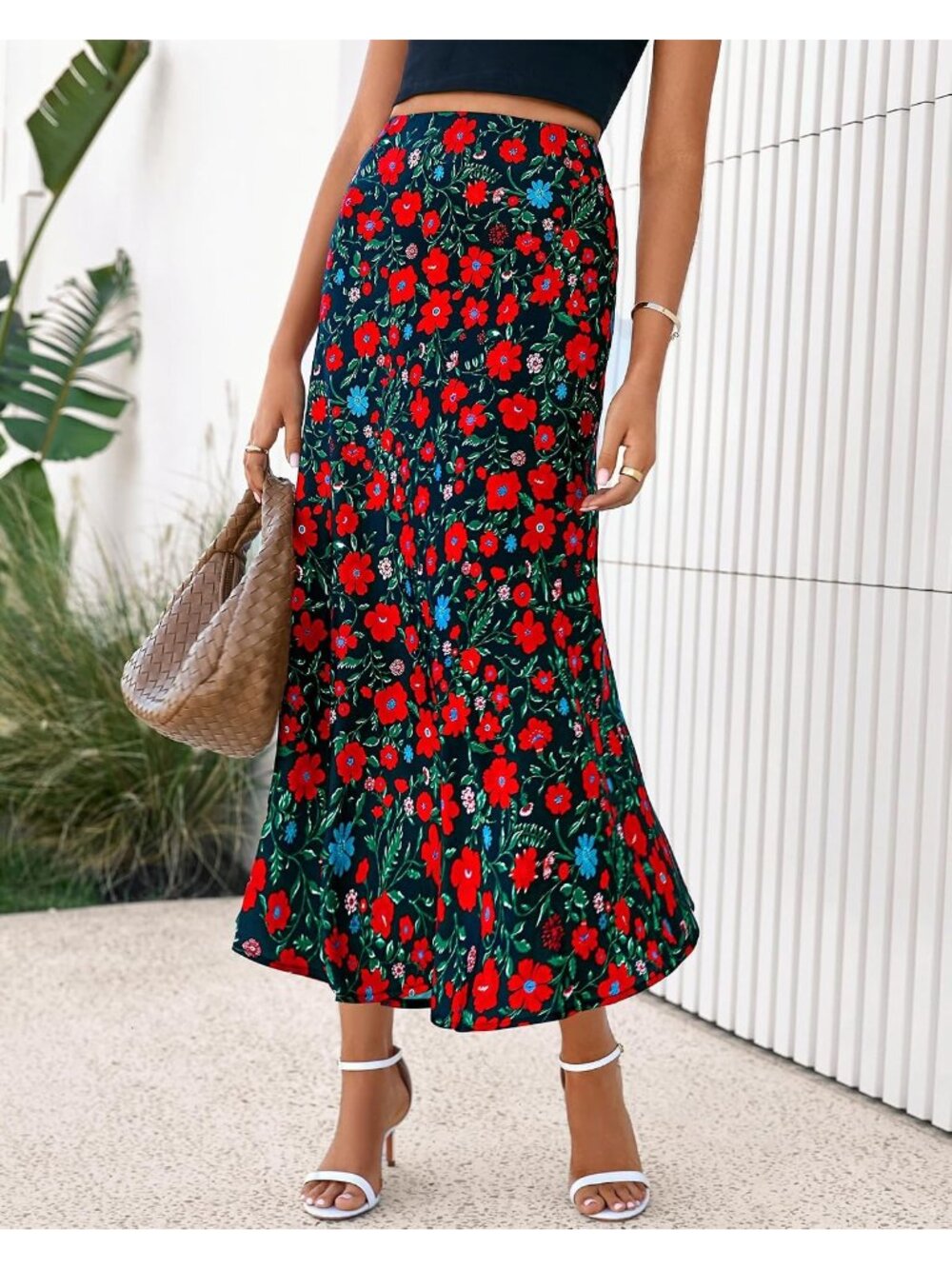 Women Floral Black Red High Waisted A-Line Silky Flowy Bias Cut Satin Midi Skirt - Picture 5 of 6